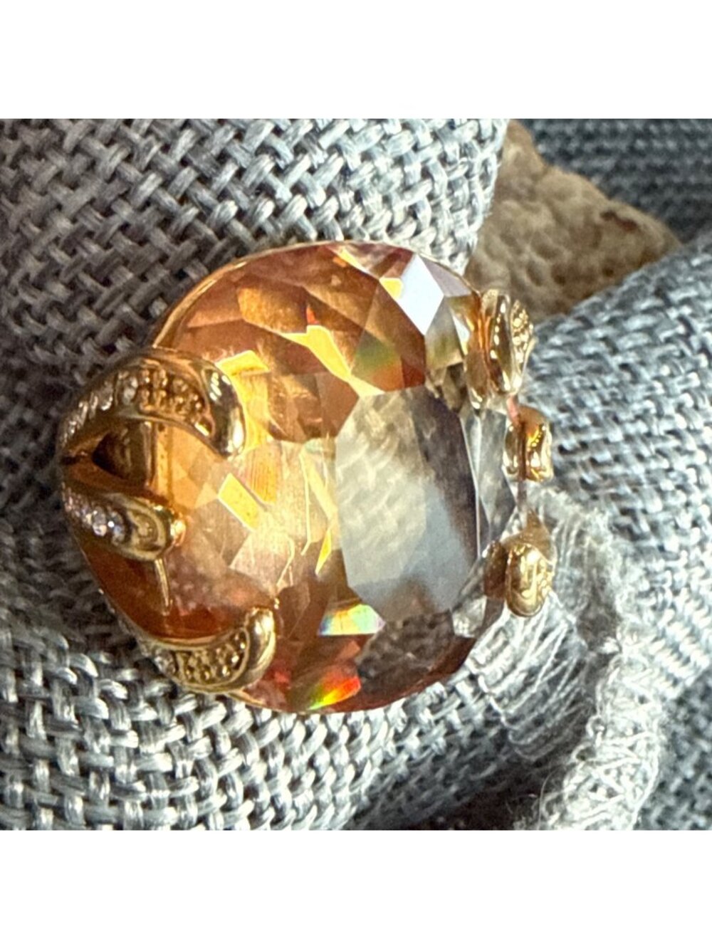 Vintage Champagne Statement Ring Huge Oval Cocktail Ring Gold Tone Prong Setting
